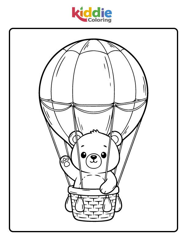 Free coloring page of a Baby Bear on a Hot Air Balloon